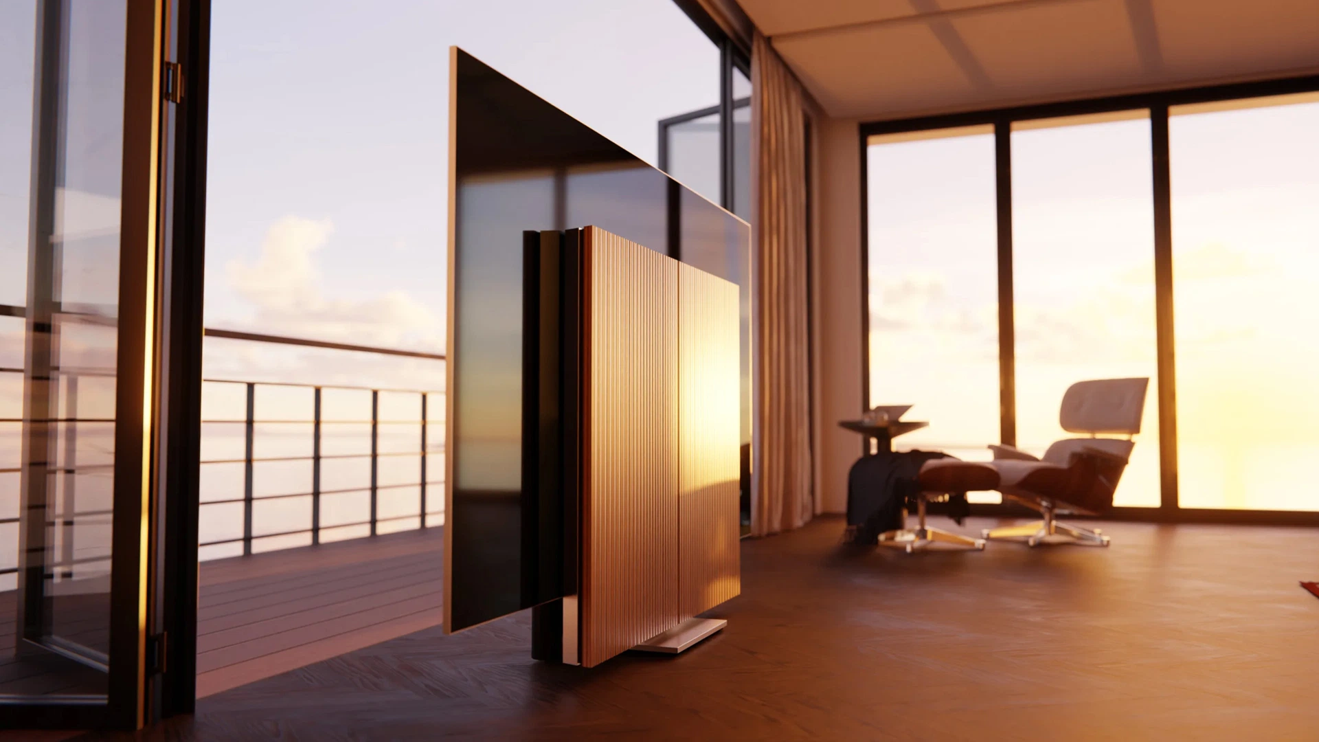 تی وی روم سلطنتی مدرن با تلویزیون و اسپیکرهای لاکچری